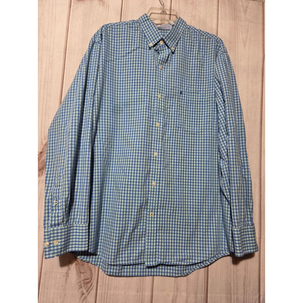 IZOD Premium Essentials Mens Large Blue Green Gingham Cotton Button Down Shirt